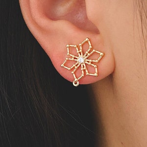 10pcs CZ Pave Snowflake Ear Posts 15mm, Real Gold Plated Brass Earrings, Sterling Silver Stud (GB-740)