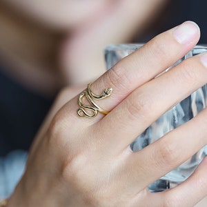 May include: A gold-coloured snake ring is wrapped around a finger. The ring has a coiled design with a snake head at the top. The ring is worn on a hand holding a clear glass.