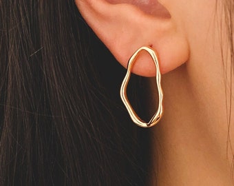 10pcs Gold/ Silver Irregular Oval Ear Posts, 18K Gold/ Rhodium plated Brass, Geometric Oval Hoop Stud Earrings (GB-3573)