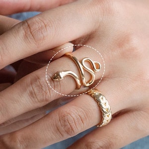 May include: A gold snake ring coiled around a finger, with the snake's head at the top. Another gold ring with a textured design is also visible. The rings are displayed on a hand, with a light blue sweater in the background.
