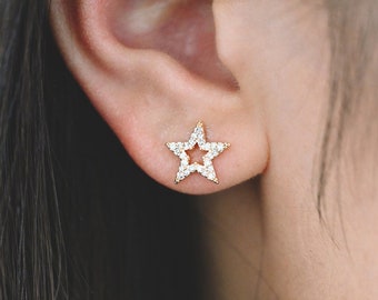 4pcs CZ Pave Star Ear Posts, Gold Plated Brass Stud Earrings, Jewelry Findings, Wholesale Supplies (GB-3360)