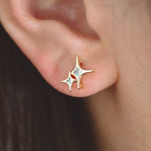 4pcs CZ Pave Gold Cross Star Earring with Loop, Gold Plated Brass North Star Stud Earrings (GB-2979)
