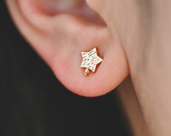 May include: A close-up of a person's ear with a small gold star-shaped earring. The earring is textured and has a delicate design.