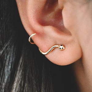 May include: A close-up of a person's ear with two gold earrings. The earring on the upper ear is a curved, open hoop. The earring on the lower ear is a small, round stud.