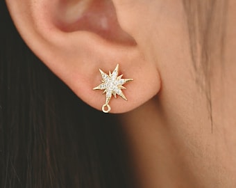 4pcs CZ Pave Hexagram Earrings, 13x10mm, Real Gold Plated Brass Star Stud Earrings (#GB-311-L)