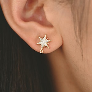 4pcs CZ Pave Hexagram Earrings, 13x10mm, Real Gold Plated Brass Star Stud Earrings (#GB-2783)