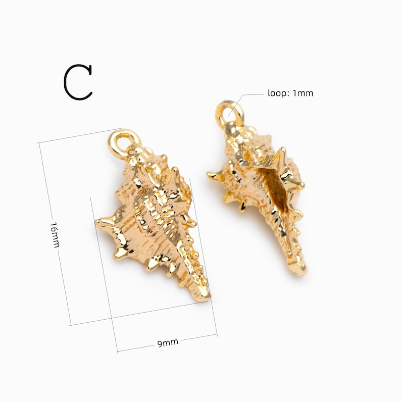 May include: Two gold-colored metal seashell charms labeled with the letter C. The charms feature a textured, spiral shell design with a small top loop. Technical lines indicate a height of 16mm, a width of 9mm, and a loop diameter of 1mm.