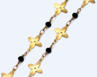 Raw Brass Flower Chain, Crystal Glass Beaded Chain (#LK-041)/ 1 Meter=3.3ft