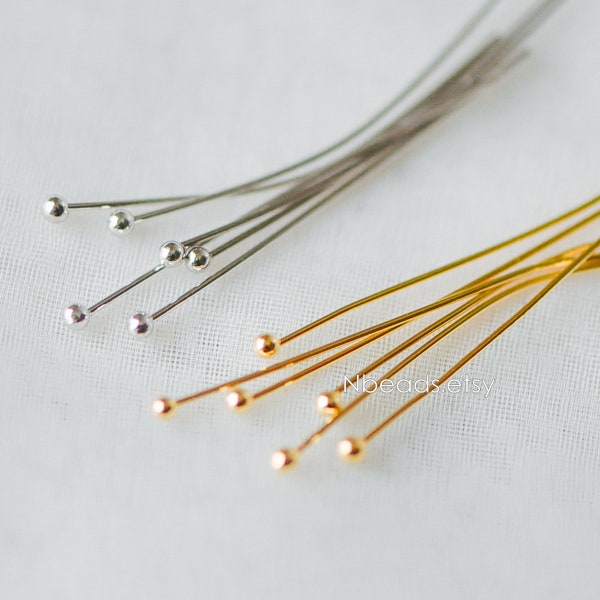 100pcs Gold/ Silver Ball Point Headpins, 0.5mm (24 Gauge) by 30mm, Gold/ Rhodium plated Brass Ball Head Pins  (GB-258)