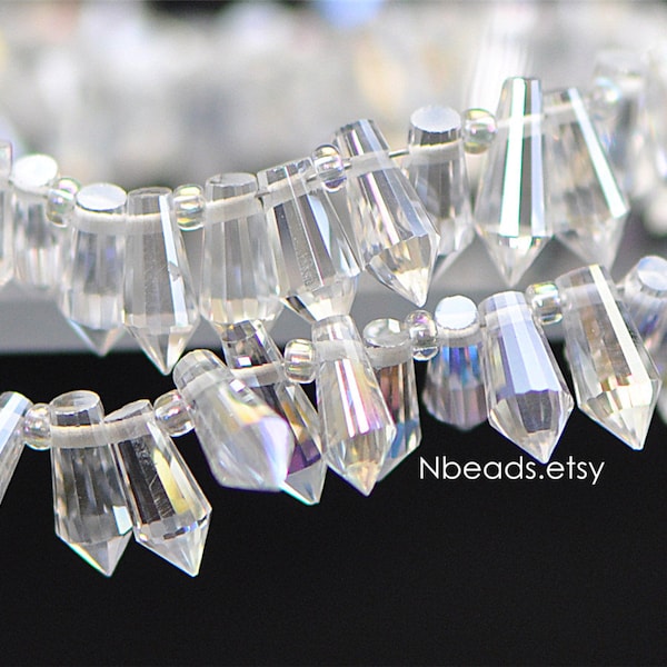 100 beads- Faceted Crystal Briolettes 8x4mm, Top Drilled Glass Teardrop, Bicone Long Drop Beads, Sparkly Clear AB -(#TS72-1)