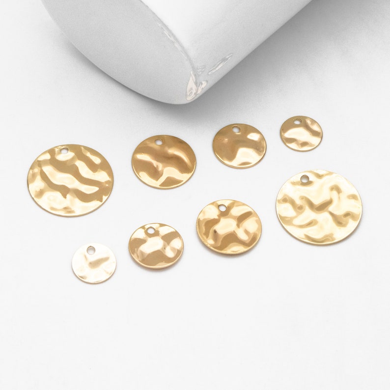 10pcs Hammered Disc Charms 8/ 10/ 12/ 16mm, Polished Gold plated Brass Coin Tags, Round Textured Coin Pendants GB-020 image 4