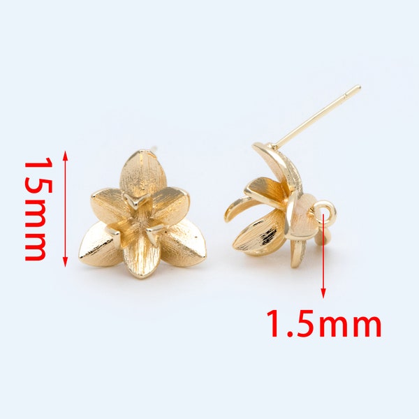 10pcs Gold Flower Ear Post with Loop, 15mm, 18K Gold Plated Brass, Foral Stud Earrings (GB-984)