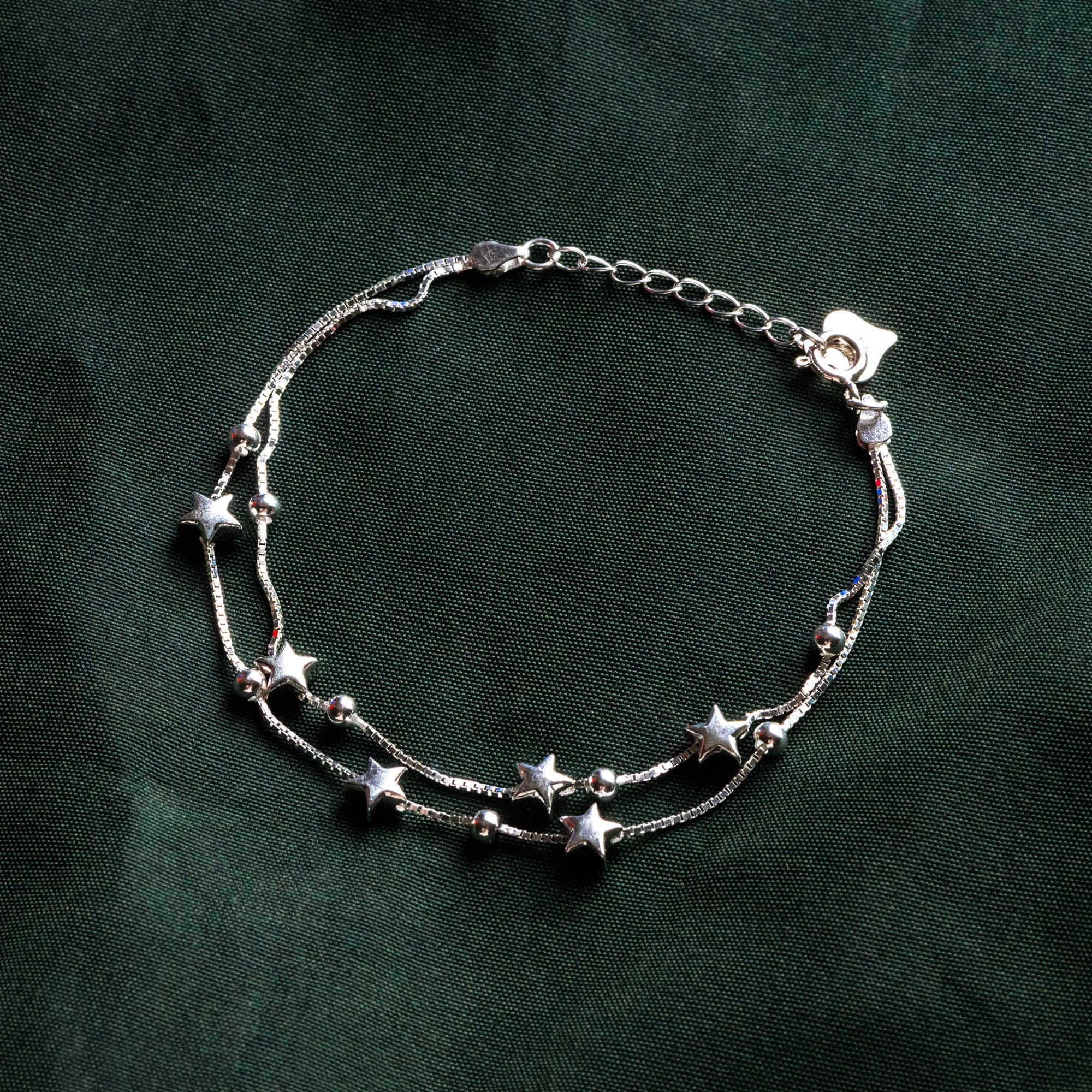 Sterling Silver Double Layer Star Bracelet, .925 Silver Adjustable