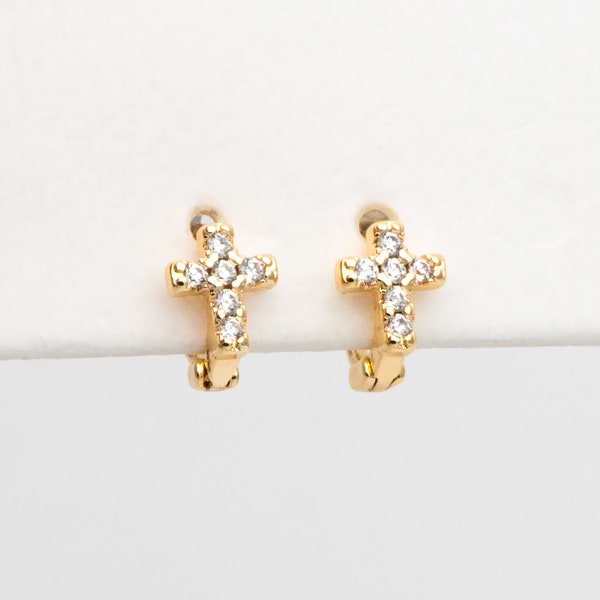 4pcs CZ Paved Tiny Cross Hoop Earrings, Tragus Hoop, Rook Hoop, Helix Hoop, Cartilage Hoop, Cartilage Clicker Hoop (GB-3452)