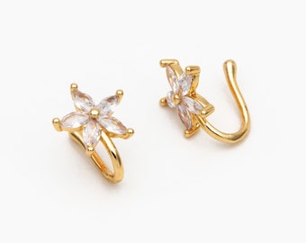 4pcs CZ Pave Gold Flower Nose Cuff, Non Piercing Nose Cuff, Gold plated Brass, Adjustable Fake Nose Rings, Dainty Nose Jewelry (GB-3709-H)