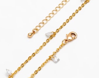 Gold Cable Chain with CZ Gemstones, Finished Bracelet/ Necklace with Adjustable Extenders, Ready to Wear (#LK-455)