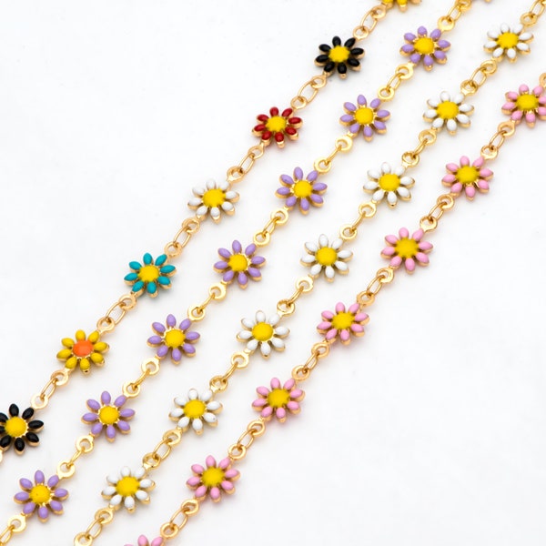 Enamel Flower Chain, Daisy Chain, Gold Plated Brass Designer Chain 7.5mm, Floral Link Chain Findings  (#LK-578)/ 1 Meter=3.3ft