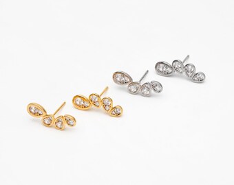 4pcs CZ Pave Gold/ Silver Tone Teardrop Earrings, 18K Gold/ Rhodium Plated Brass, Dainty Stud Earrings (GB-4488)