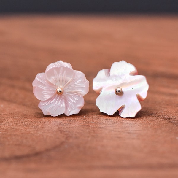 Carved Pink Mother of Pearl Shell Flowers 12mm, Center Drilled MOP beads -(#V1198-12) /10pcs