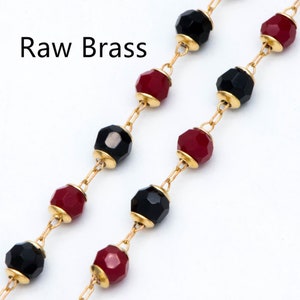 Glass Bead Chain, Red and Black, Raw Brass Chain, Crystal Beaded Chain, Chain Findings Wholesale (#LK-496)/ 1 Meter=3.3 ft