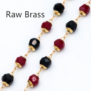 Glass Bead Chain, Red and Black, Raw Brass Chain, Crystal Beaded Chain, Chain Findings Wholesale (#LK-496)/ 1 Meter=3.3 ft