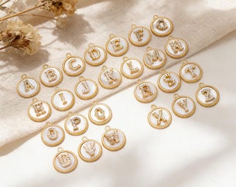 Gold Alphabet Charms,  CZ Pave English Letter, Shell Disc Coin Initial Pendants, You Choose Letter (GB-1635)