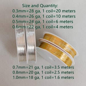Gold/ Silver Plated Copper Wire, Craft Wrapping Supplies, 0.3-1mm, 18/ 20/ 21/ 22/ 24/ 26/ 28 Gauge Soft Wire, 1 Full Coil GB-455 image 2