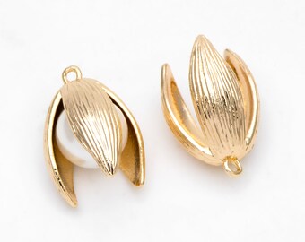 10pcs Gold Flower Bead Caps, Real Gold plated Brass, Peg For Half Drilled Pearl Mounts, Peg Pearl Findings (GB-3104)