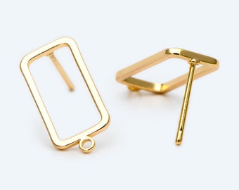 10pcs Rectangle Ear Posts with Loop, 18K Gold Plated Brass Stud Earrings Findings, Geometric Earring Components (GB-2018)