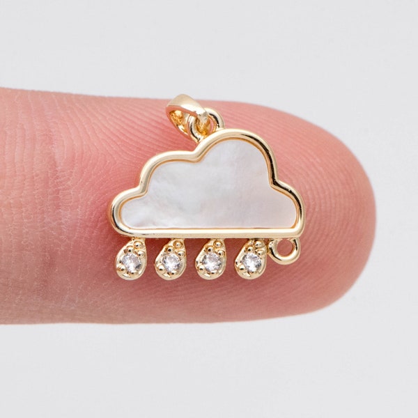 4pcs Shell Pave Rain Cloud Charm, Cloud with Rain Drops Pendant, 18K Gold plated Brass Weather Sky Charms (GB-2878)