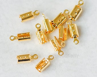 20pcs Gold Crimp End Tips Caps, Leather Hemp Cord Chain Ends 4mm/ 5mm, Gold plated Brass, Lead Nickel Free (GB-330)
