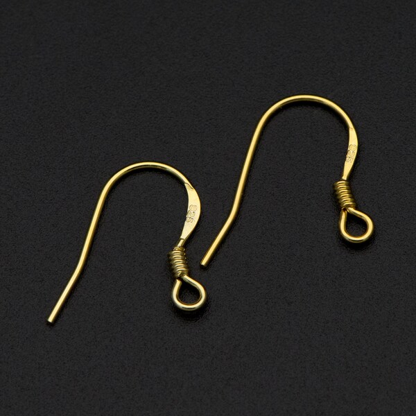 10pcs Solid Sterling Silver Earring Hooks, 18K Gold plated .925 Silver Earwires, French Hooks with Coil (CY-003-1)