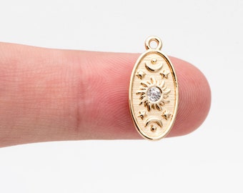 4pcs CZ Pave Gold Oval Charms, Sun Moon and Star Pendants (GB-3222)