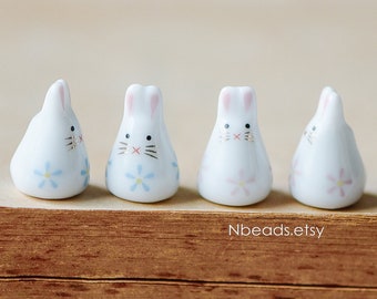 10pcs Kawaii Porcelain Bunny Beads, Floral Ceramic Rabbit beads, Pink Blue -80132