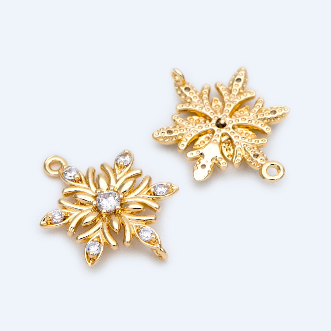 10pcs CZ Pave Gold Snowflake Connectors 18x13.5mm, Rhinestone Flower