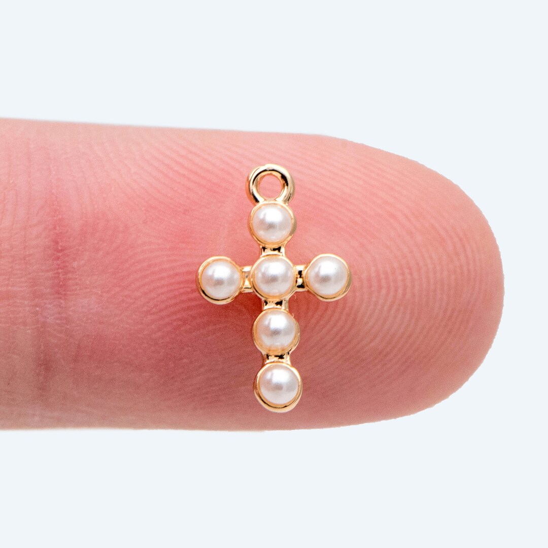4pcs Faux Pearl Pave Cross Charm, Small Cross Charm, Cross Pendant