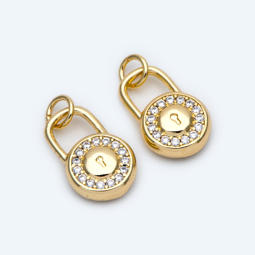 4pcs CZ Pave Gold Lock Charm, Padlock Charm 16x10mm, Real Gold Plated