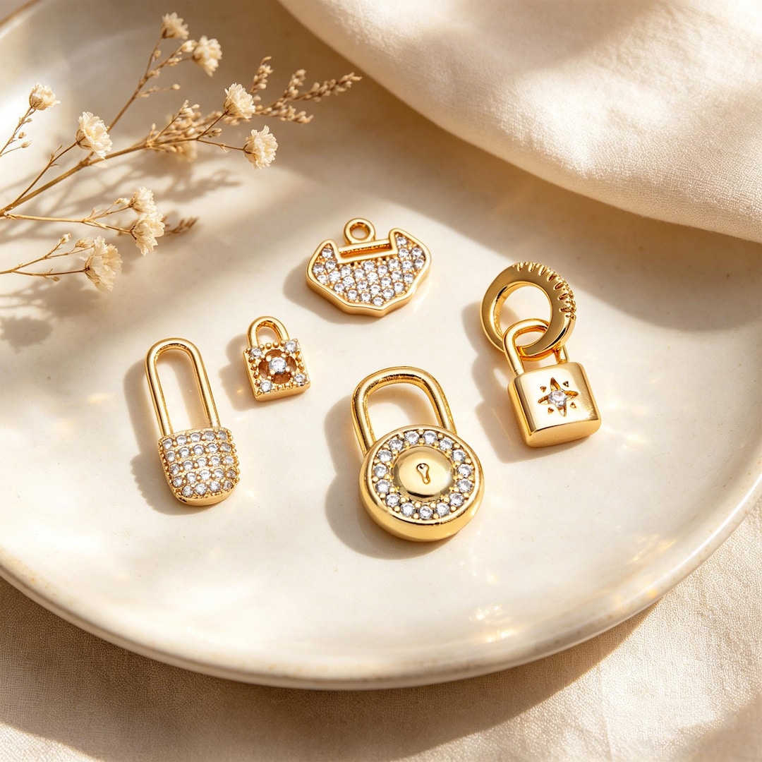 Mini Lock Charm 4pcs CZ Pave Gold/ Silver Tone Lock Charms, Real Gold/ Rhodium Plated ...