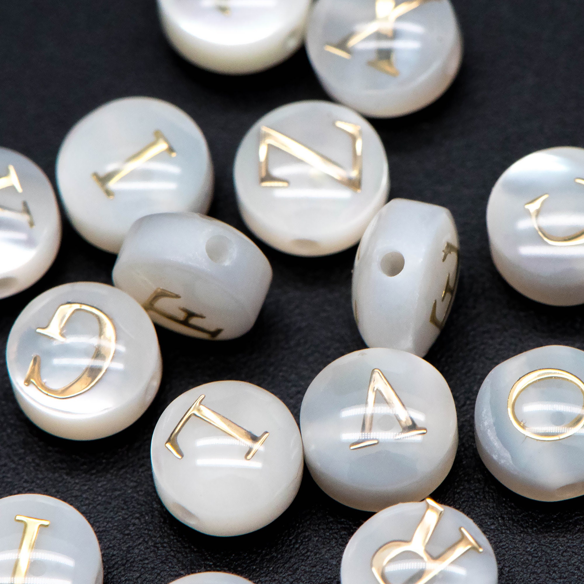 Letter A Alphabet Beads, White beads with Gold Letters 7MM