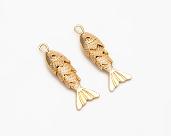 4pcs Gold/ Silver 3D Fish Charms, Gold/ Rhodium Plated Brass, Fish Pendants (GB-4274)