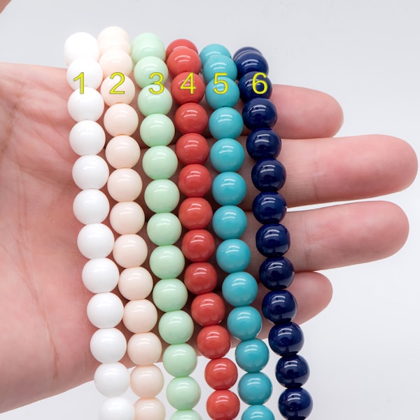 48 perles de verre rondes lisses 8 mm, rang complet (GM-041)