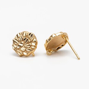 10pcs Gold Round Rough Disc Ear Posts With Loop, 11mm, 18K Gold plated Brass, Geometric Stud Earring Components (GB-3786)