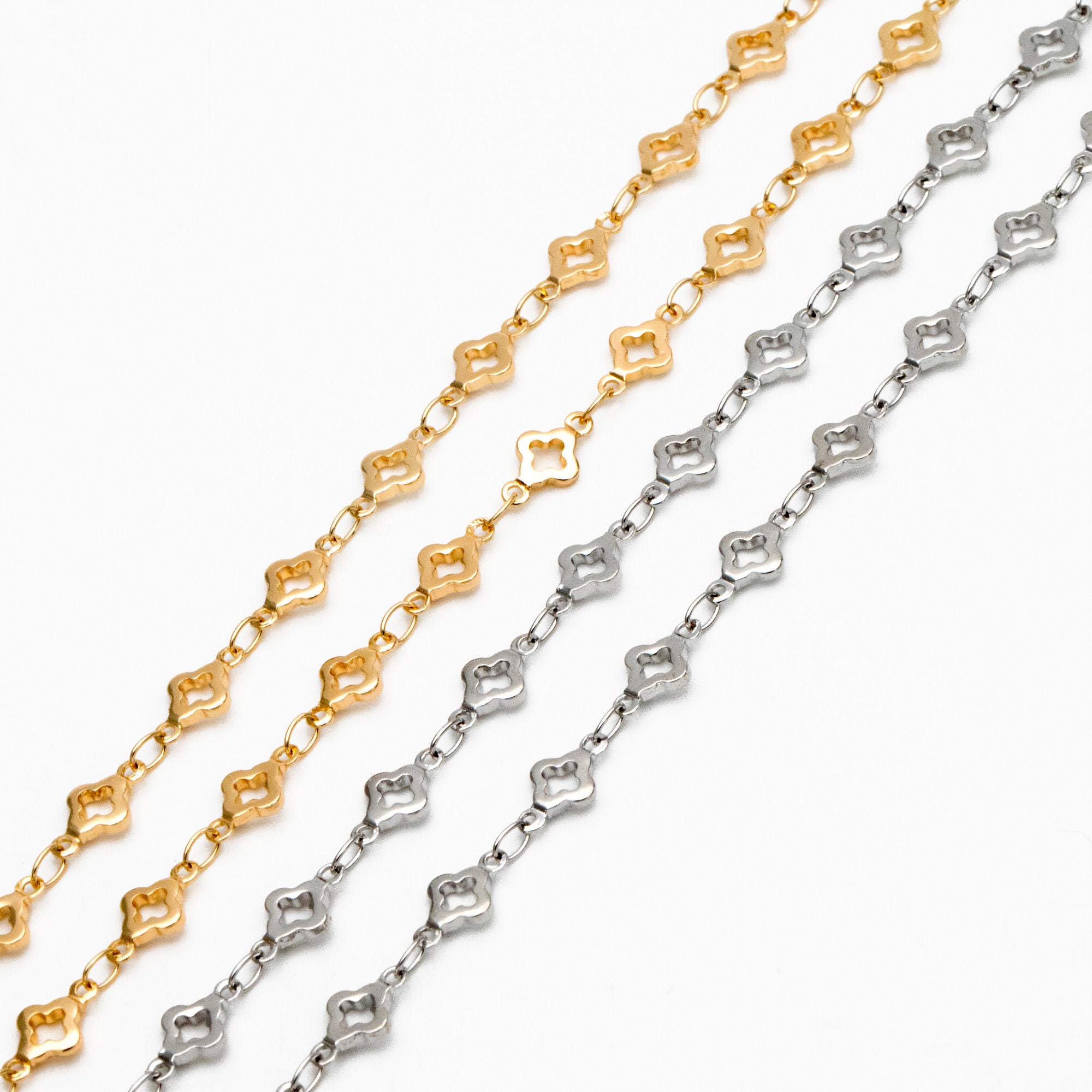 Catena con perline a forma di quadrifoglio color oro/argento da 5,6 mm, in ottone placcato oro/rodio, catena di qualità per gioielli fai da te (#LK-605)/ 1 metro = 3,3 piedi