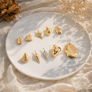 May include: A collection of small metal charms shaped like various seashells, including conch, spiral, and clam designs. Most charms are gold-toned with textured surfaces, while one spiral charm is silver-toned. Each piece features a small loop for attachment.