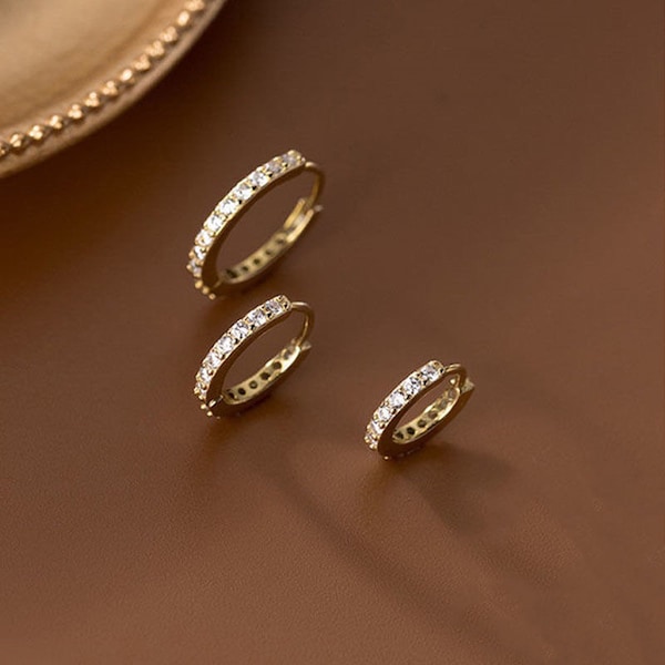 4pcs CZ Pave Gold/ Silver Tone Tiny Hoop Earrings, 9/10/12mm,  Huggie Earrings, Minimalist Earring, Small Gold Hoops Earring (GB-2594)