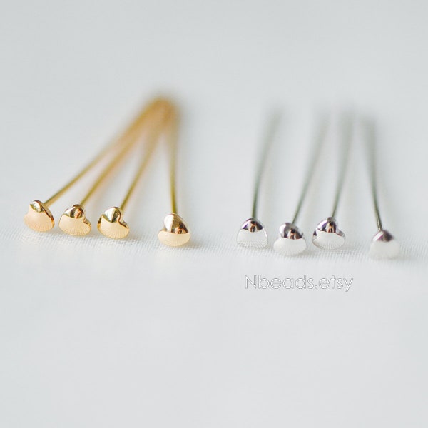 20pcs Gold/ Silver Heart Head Pins 30mm by 0.7mm(21 Gauge), Gold/ Rhodium plated Brass Headpins (GB-307)