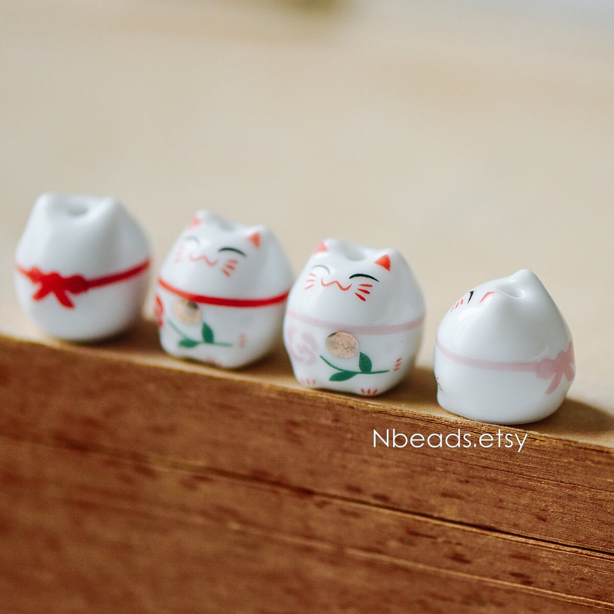 10 Beads Porcelain Lucky Cat Beads 15mm, Ceramic Maneki Neko, Drilled With  Hole, White Red/ Pink Kawaii Cattc-148 