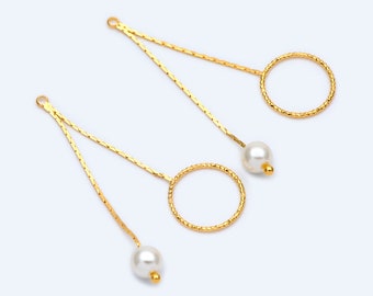 10pcs Wire Circle Drop Pendants with Faux Pearl, Gold plated Brass Chain Tassels, Earring Component Charms (GB-1277)