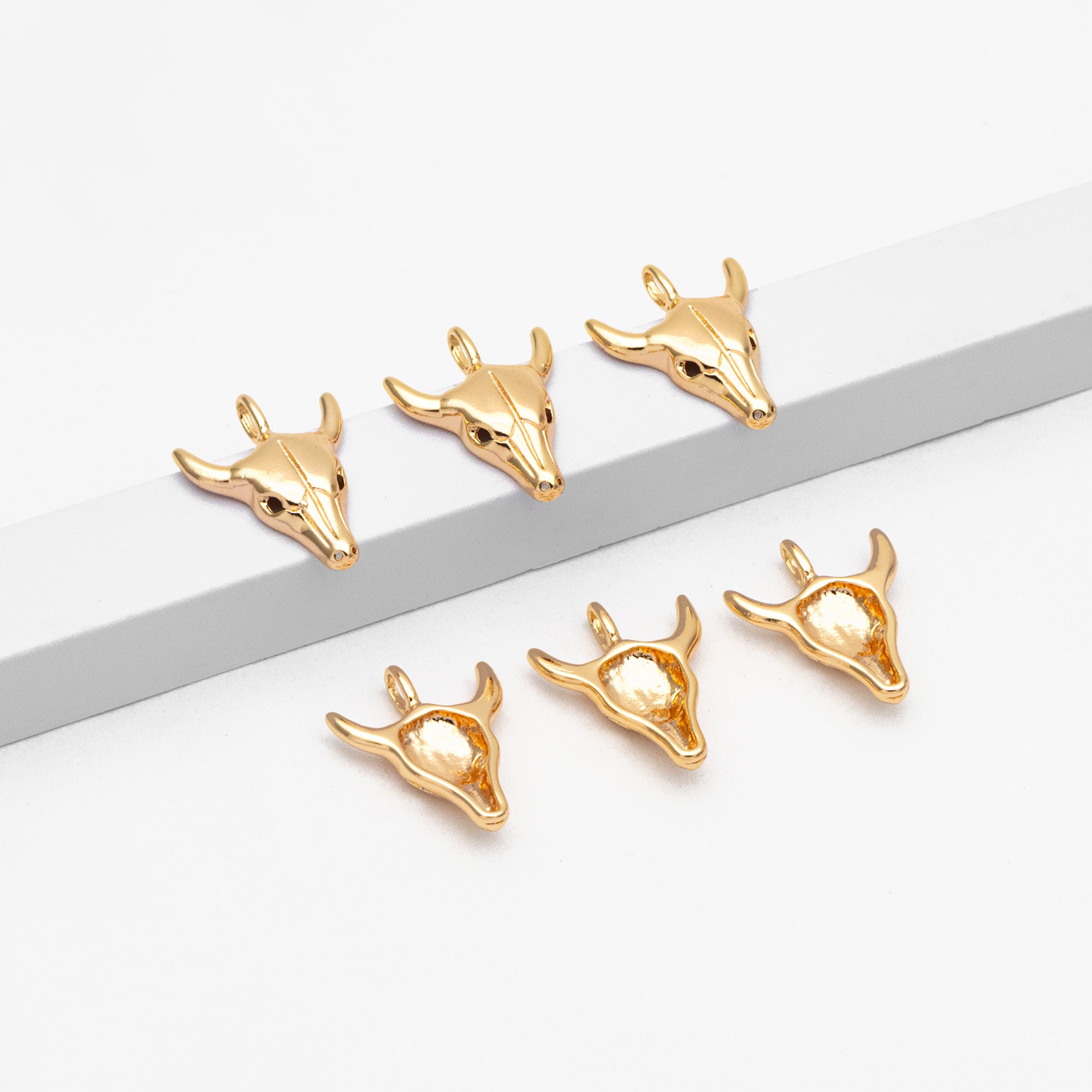 4pcs Gold OX Head Skull Charm 17x13mm, Real Gold Plated