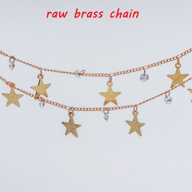 1 Meter=3.3ft Handmade Unplated Curb Chain Wholesale Raw Brass Chain with Star and CZ Charms #LK-219-RB